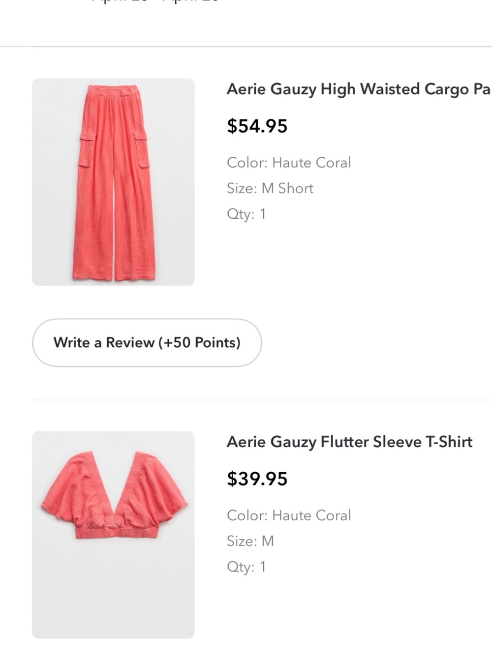 aerie Gauzy High-Waisted Cargo Pants in Coral
